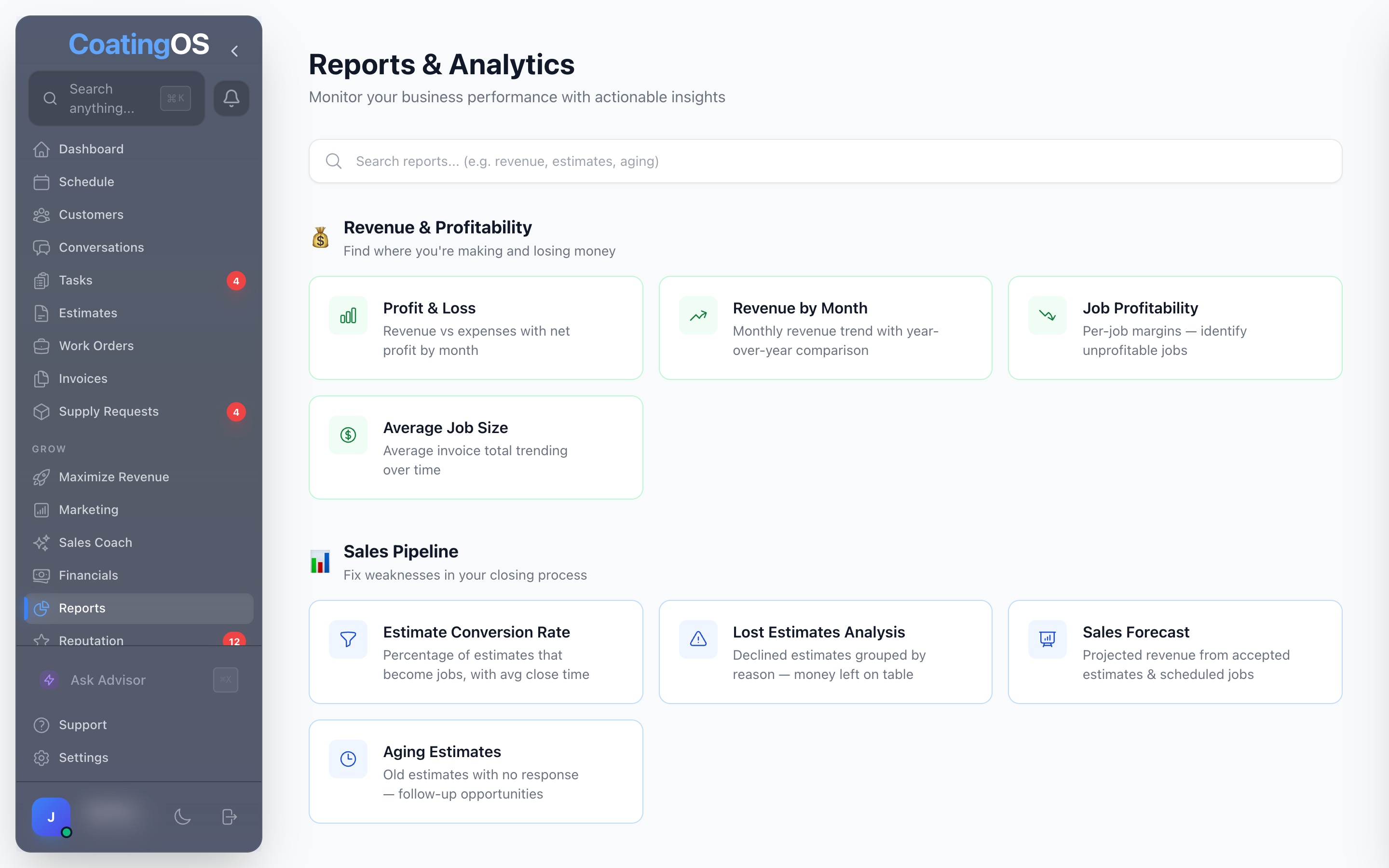 CoatingOS Reports and Analytics hub with profitability, revenue, estimate conversion and sales pipeline reports for coating contractors