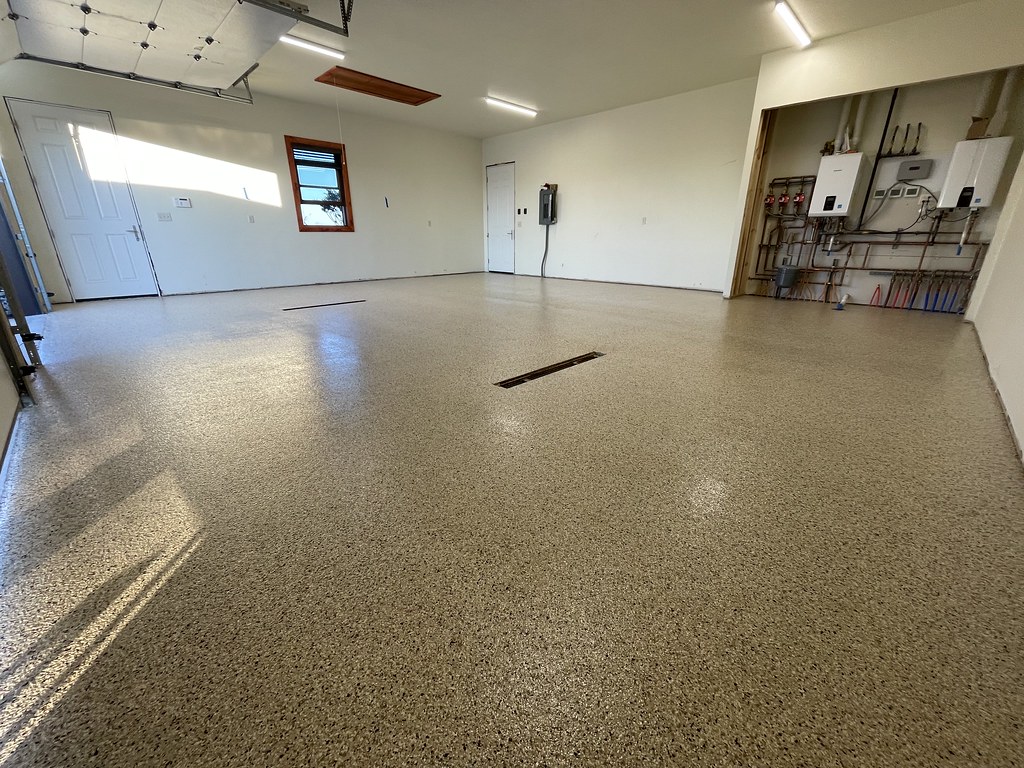 The finished Shoreline polyaspartic floor, looking clean and vibrant